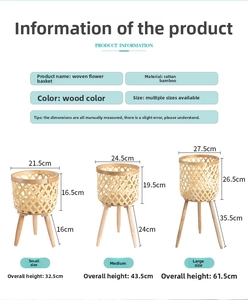 Size chart for bamboo woven flower baskets in small medium and large dimensions