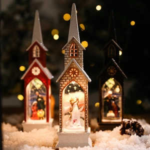 Luminous Christmas church table decorations with LED light and snow finish, set of three