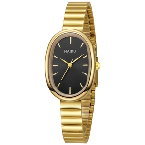 Close-up of golden oval watch with black dial and metallic chain strap on white background