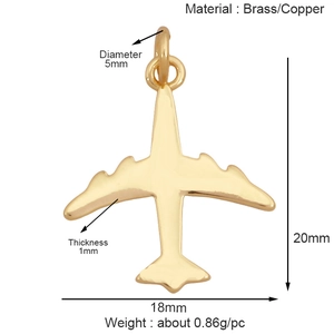 Detailed size specifications for gold airplane pendant in brass measuring 20mm by 18mm