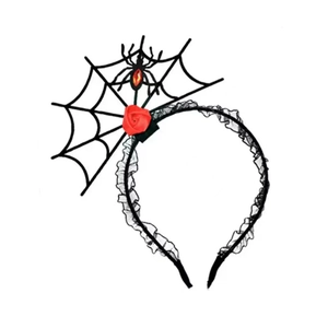 Halloween hoofdband van zwart kant met spinnenweb, rode roos en spin met edelsteen