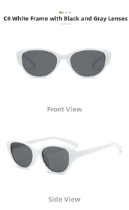 Détail de lunettes de soleil œil de chat blanches avec verres sombres et charnière dorée