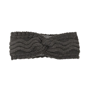 Detail of dark grey cable knit headband featuring a twisted knot and wave stitch pattern