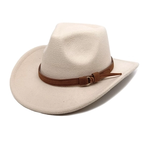 Detail of cream wool cowboy hat featuring a brown suede band and gold buckle accent