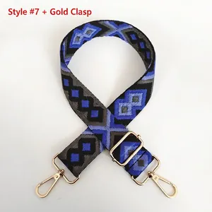 Close-up of geometric jacquard bag strap with blue rhombus patterns and gold hooks