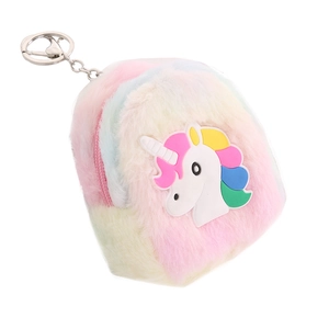 Plush rainbow unicorn coin purse keychain with soft fur and colorful 3D silicone patch