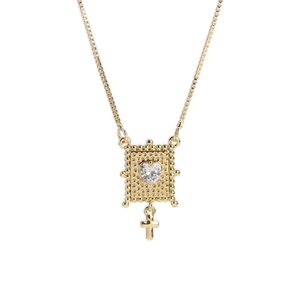 Gold plated heart zircon pendant necklace with square frame and cross charm on white background