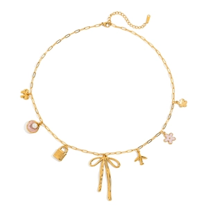 18K Gold Plated Stainless Steel Charm Necklace With Bowknot Shell And Artificial Pearl Pendants For Women Vacation Party Jewelry
