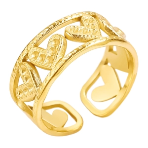 Adjustable gold heart-shaped ring in 304 stainless steel with hammer finish texture