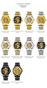 Vue matricielle de montres quartz homme avec dragon doré et index en strass brillants