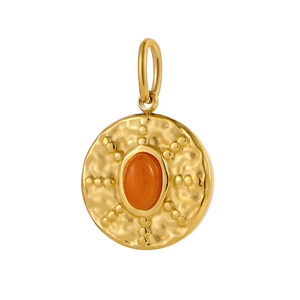 Detailed close-up of a vintage hammered gold round pendant with orange oval gemstone
