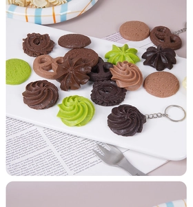 Macro detail of realistic artificial colorful cookie keychains on a white prop board