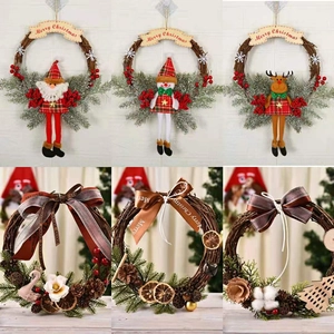 Christmas Wreath Door Hanging Rattan Santa Snowman Reindeer Plush Doll Artificial Berries Pine Cones Holiday Home Decor