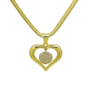 Gold snake chain necklace with heart frame Virgin Mary coin pendant on white background