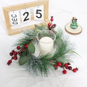 Artificial Christmas Wreath Pine Needles Eucalyptus Red Berries Candle Ring Holiday Table Ornament Winter Decor