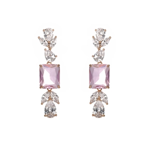 Pink rectangular crystal drop earrings with white pear-shaped zircon in gold finish