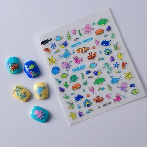 5D embossed marine animal nail stickers featuring 3D sea life patterns for DIY manicure