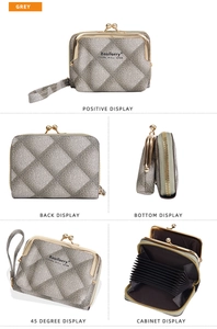 Grey diamond quilted mini wallet with accordion card slots and metal snap closure