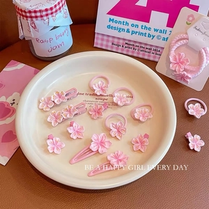 Pink cherry blossom hair clip set with resin flowers for girls shown in aesthetic display