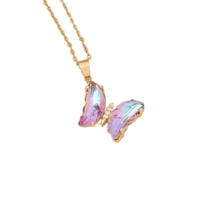 Gradient butterfly pendant necklace in rose gold with iridescent purple crystals