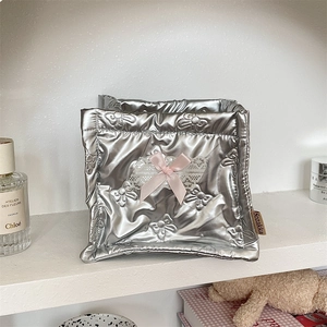 Silver quilted square organizer box with butterfly embroidery and pink ribbon bow detail