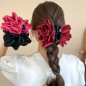 Élégante Grande Pince À Cheveux Rose En Tissu Satiné Accessoires De Cheveux Floraux Vintage Pour Femmes Filles Fête