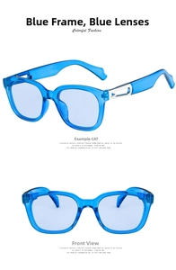 Detail view of stylish blue square sunglasses featuring decorative metal hollow temple joints