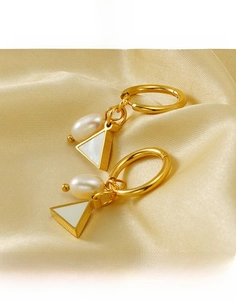 Detail of 18K gold titanium steel hoop earrings with pearl and triangular shell inlay