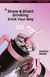 Detail showing dual drinking lid with straw and spout on the pink and black sports bottle