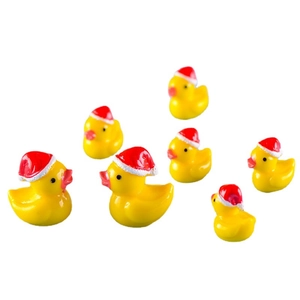 Set of 7 mini yellow resin Christmas ducks with red holiday hats for DIY decor
