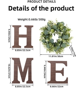Detailed dimensions of wooden HOME wall letters with green eucalyptus wreath ornament