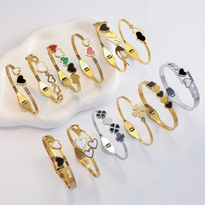 Fashion Heart Shape Bangle Bracelet For Women Stainless Steel Shell Enamel Inlay Hollow Love Script Adjustable Jewelry