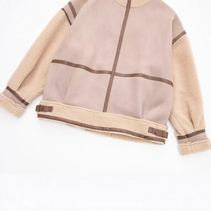 Women's patchwork shearling jacket in khaki suede with vintage biker style design
