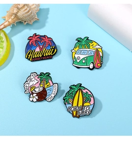 Detail of summer vacation enamel pins featuring Hawaii beach and surfing theme elements
