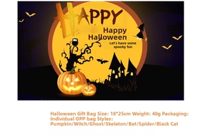 Detailed chart for Halloween non-woven gift bags showing 18x25cm size and 40g weight specs