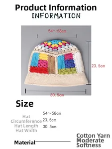 Size guide for handmade crochet cotton bucket hat with 54-58cm circumference and dimensions