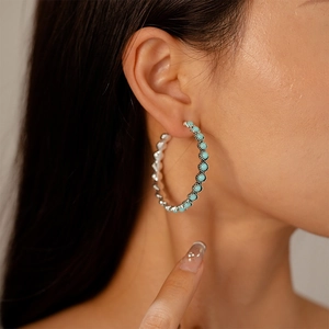 Bohemian Retro Geometric Round Hoop Earrings With Orchid Stone Beads And Silver Earring Post For Women Fashion Jewelry
