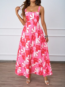 Front full view of bright pink floral A-line maxi dress with square neckline and wide straps