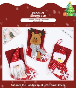 Detailed view of 3D Santa, Reindeer and Snowman patterns on festive Christmas stockings