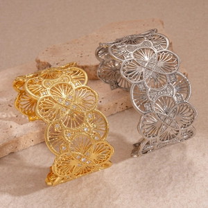 Exquisite 18k gold and silver plated hollow floral cuff bracelets with zircon accents