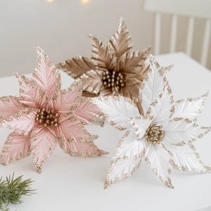 Artificial Christmas Poinsettia Flowers Glitter Fabric Xmas Tree Wreath Decor Holiday Home Party Ornament