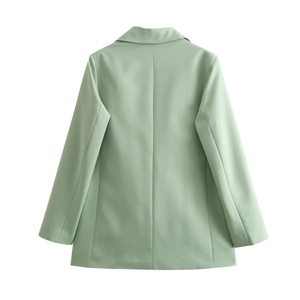 Back view of a mint green women's long sleeve blazer with a V-neckline in premium fabric