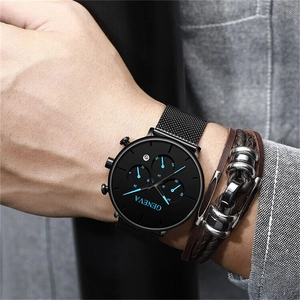 Men's GENEVA black mesh steel quartz watch with blue accents and leather bracelet set