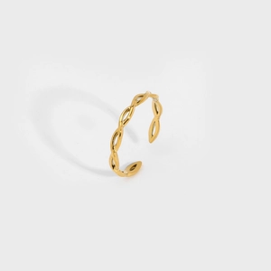 Minimalist golden stainless steel open ring with twisted woven texture on white background
