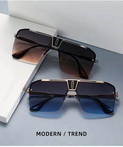 Detalle de gafas de sol de montura grande con lentes degradadas y marco metálico
