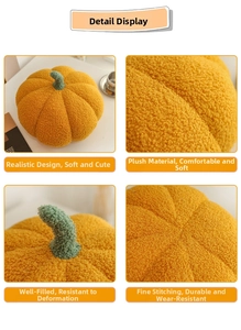Detail of plush yellow pumpkin pillow showing teddy fleece texture and firm filling