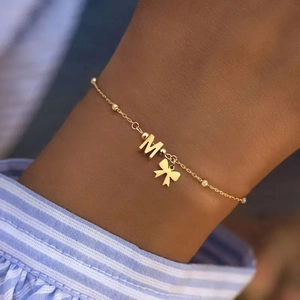 Minimalist gold stainless steel butterfly charm bracelet with letter M for women