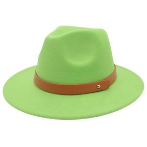 Detail of bright green wool fedora hat featuring a brown leather belt with gold metal studs