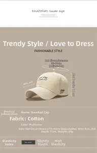 Size chart for washed cotton baseball cap with adjustable metal buckle and embroidery details