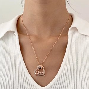 Rose gold MOM heart necklace with 100 languages projection stone and zircon accents
